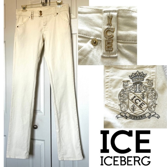 Rare Find! ICE Iceberg Off-White Straight Leg Jeans with Embellishments Size 27 - Picture 1 of 17